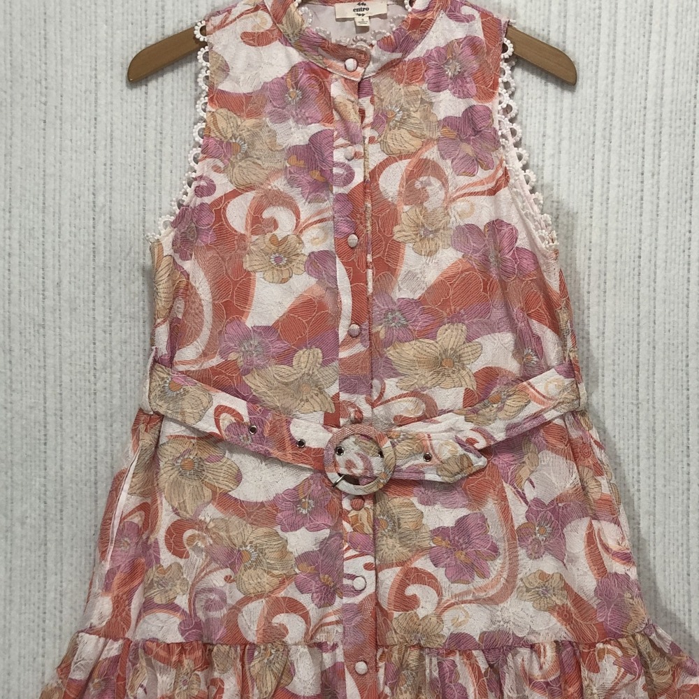 Entro Floral Lace Sleeveless Mini Dress Mock Neck Belted Orange Pink Small D3163